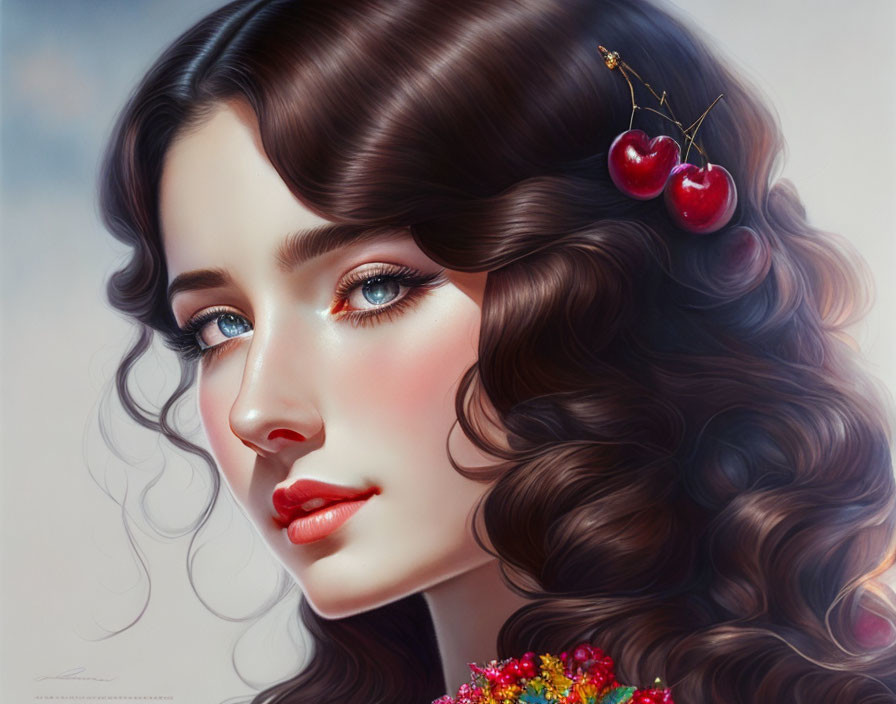 Digital artwork: Woman with wavy brown hair, cherry hairpins, big blue eyes, red lips