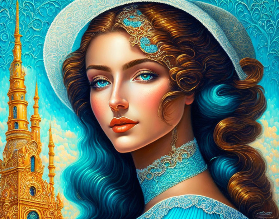 Detailed digital artwork: Woman with vibrant blue hair and eyes, adorned with headpiece, against golden architectural