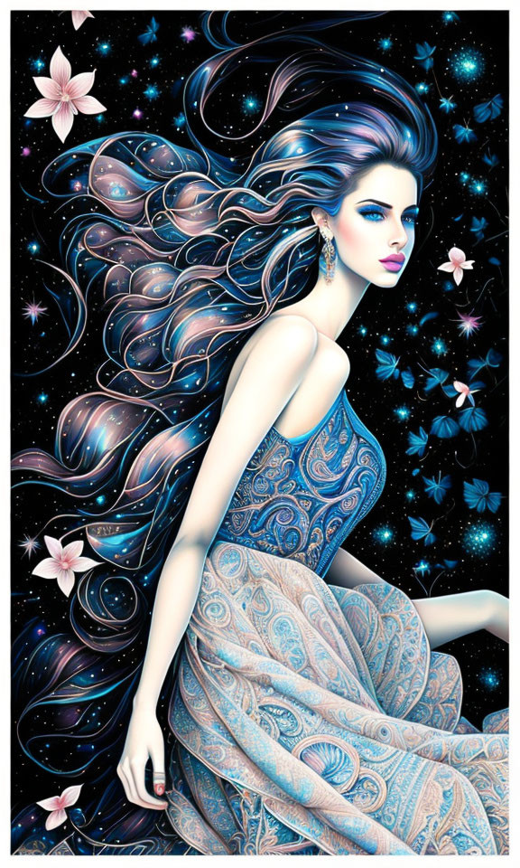 Illustration of woman with flowing hair in cosmic backdrop with stars and flowers