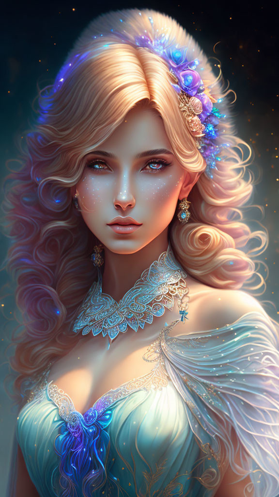 Young woman's digital portrait with curly blonde hair and mystical ocean-themed jewelry.