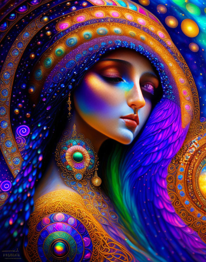 Colorful woman in peacock feather headdress with glowing orbs - vibrant artwork