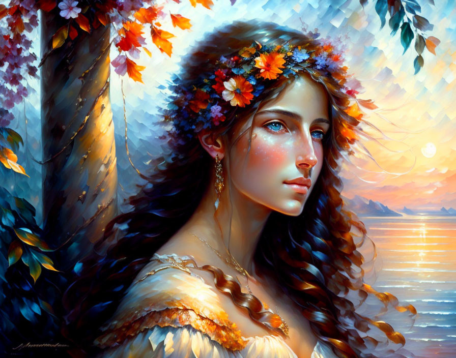 Woman with floral wreath in hair, autumn leaves, sunset over water.