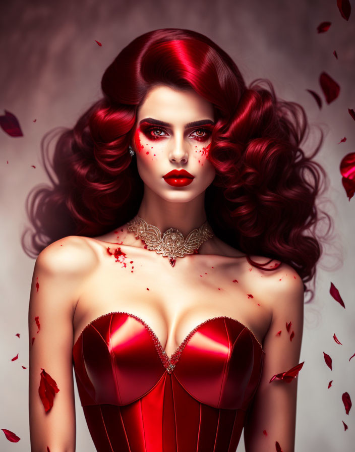 Stylized portrait of woman with voluminous red hair and makeup