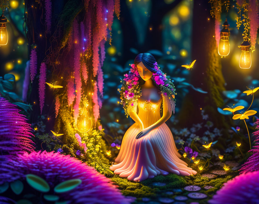 Whimsical digital art of woman in yellow dress in enchanted forest