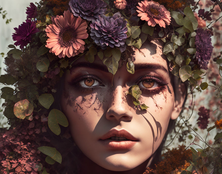 Woman with Flower Crown and Nature-Inspired Makeup