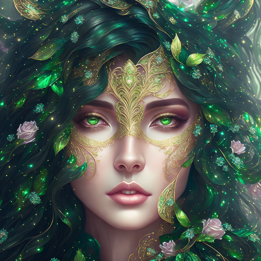 Portrait of woman with emerald green hair, adorned with leaves, flowers, and golden mask