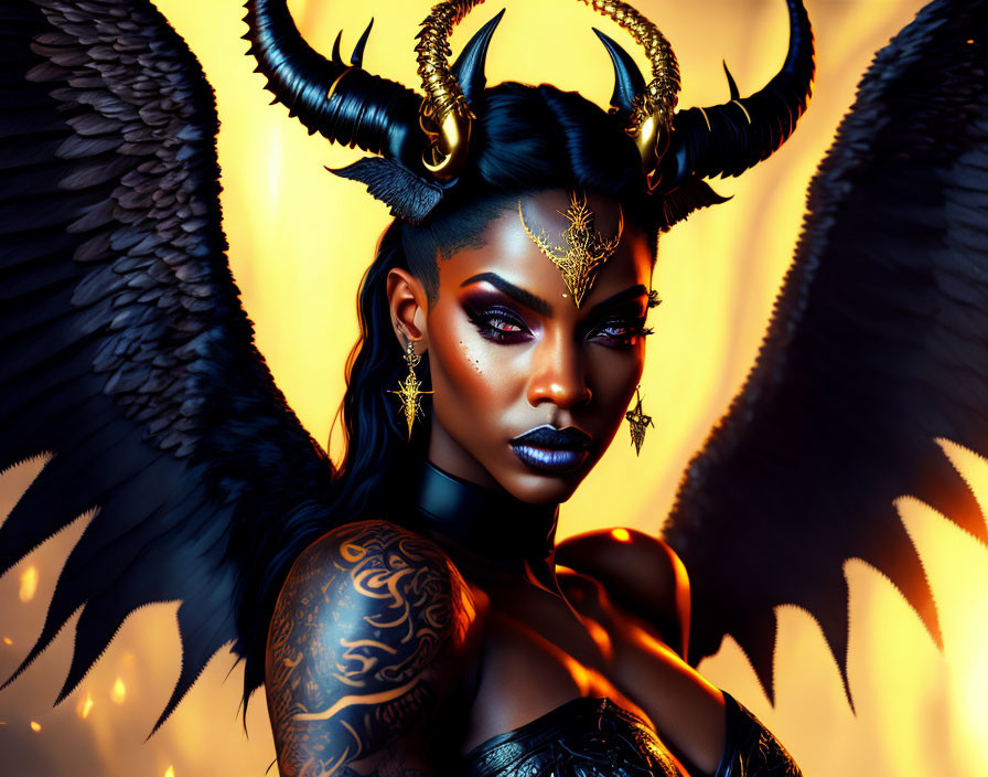 Dark fantasy art of woman with horns, wings, tattoos in fiery setting