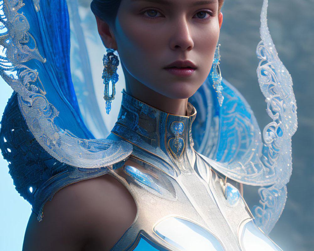 Futuristic woman with glowing blue angelic wings and attire on soft blue background