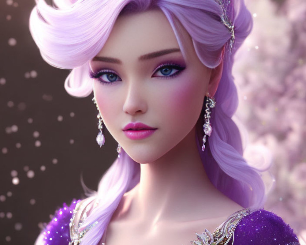 3D illustration of woman with lilac hair in purple fantasy gown