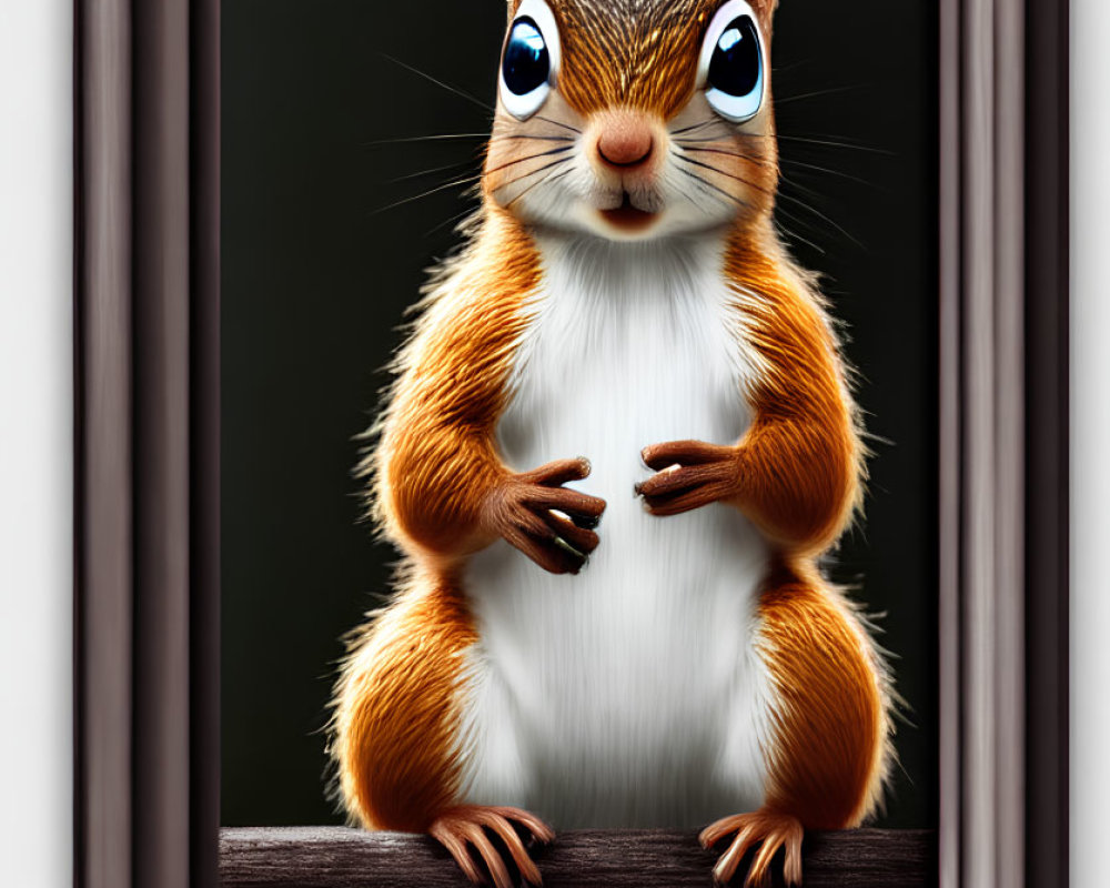 Anthropomorphic squirrel with blue eyes in wooden frame