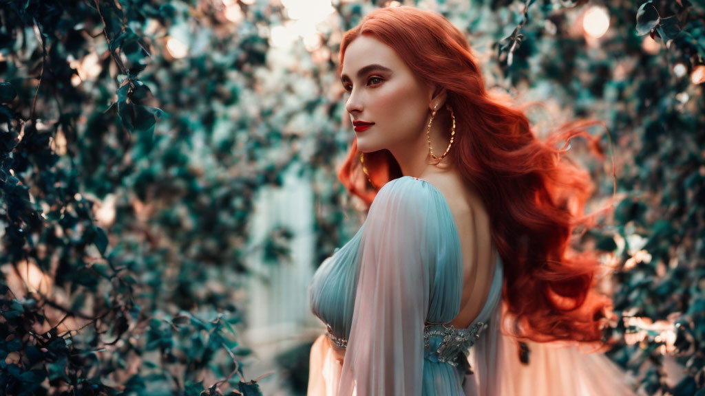 Red-haired woman in elegant dress surrounded by lush greenery