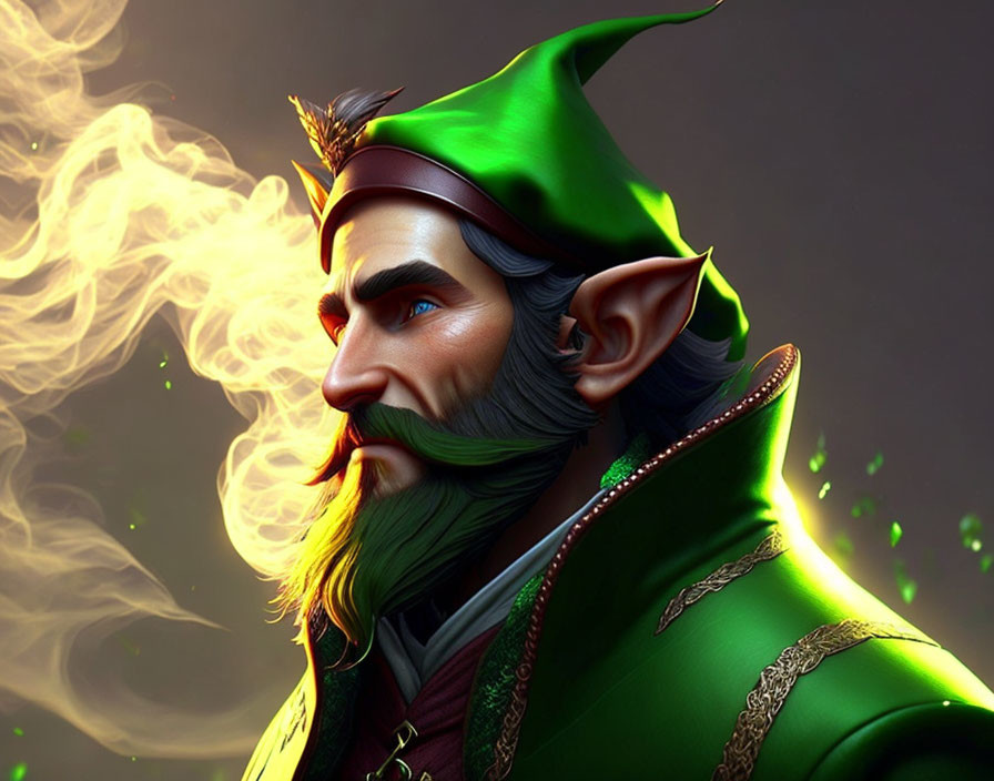 Male Figure with Pointed Ears in Green Outfit and Hat Portrait