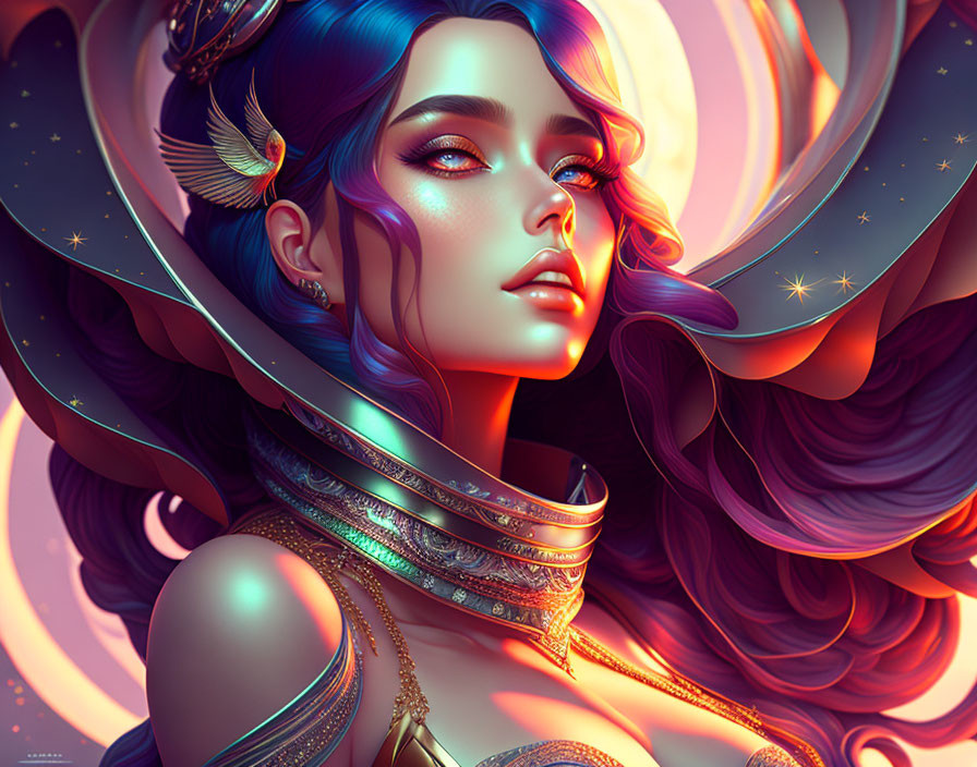 Vibrant digital art portrait of a woman with blue hair and celestial-themed make-up on a pink