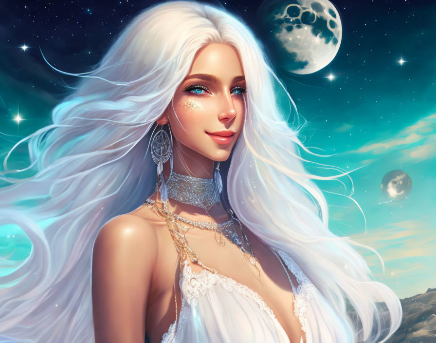 Fantasy illustration: Woman with white hair, blue eyes, elegant jewelry, under night sky.