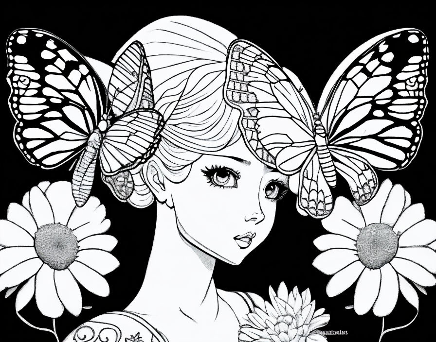 Monochrome illustration of young woman with butterfly wings and daisies