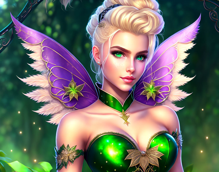 Fantasy fairy digital illustration with green eyes, purple wings, green and gold outfit