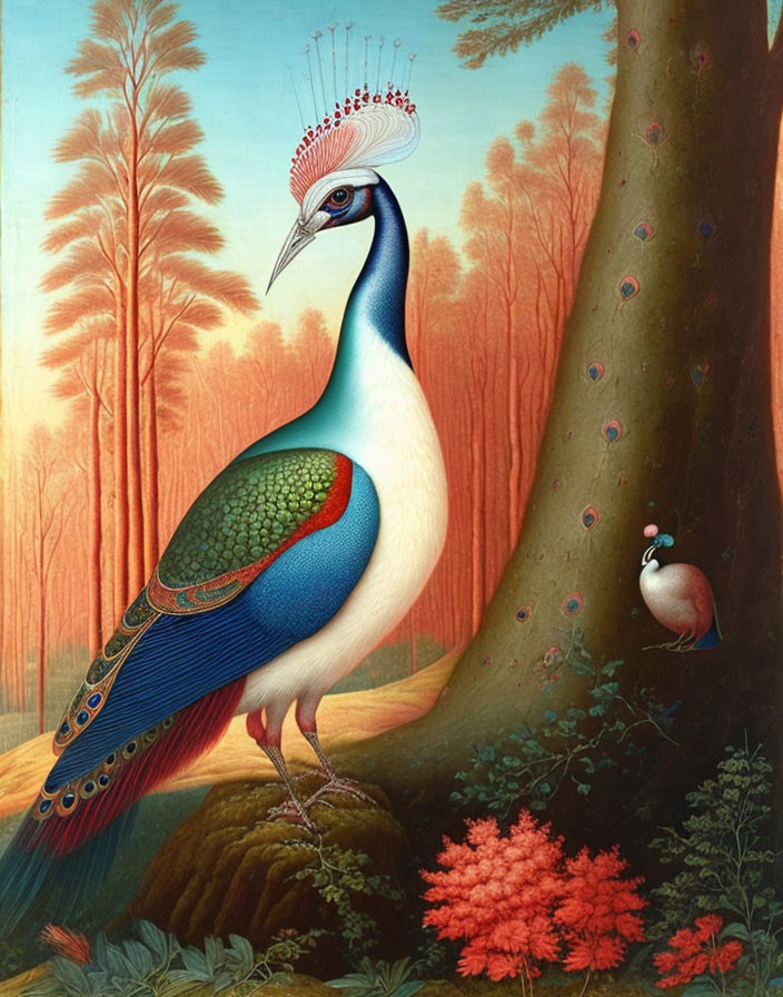 Colorful Peacock with Ornate Crown in Warm Forest Setting