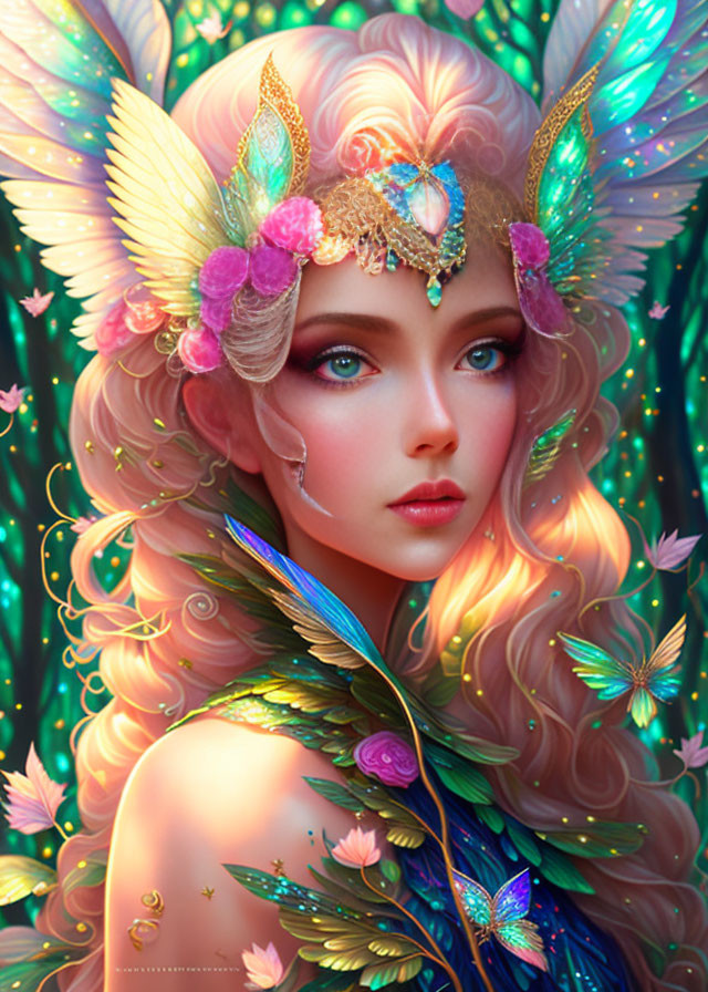 Fantasy female figure with butterfly wings and colorful flowers in luminous plant setting