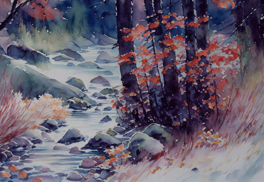 Tranquil forest stream with autumn leaves in snow-covered landscape