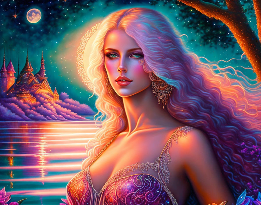 Fantasy digital artwork: Woman with flowing hair, castle, moonlit sky