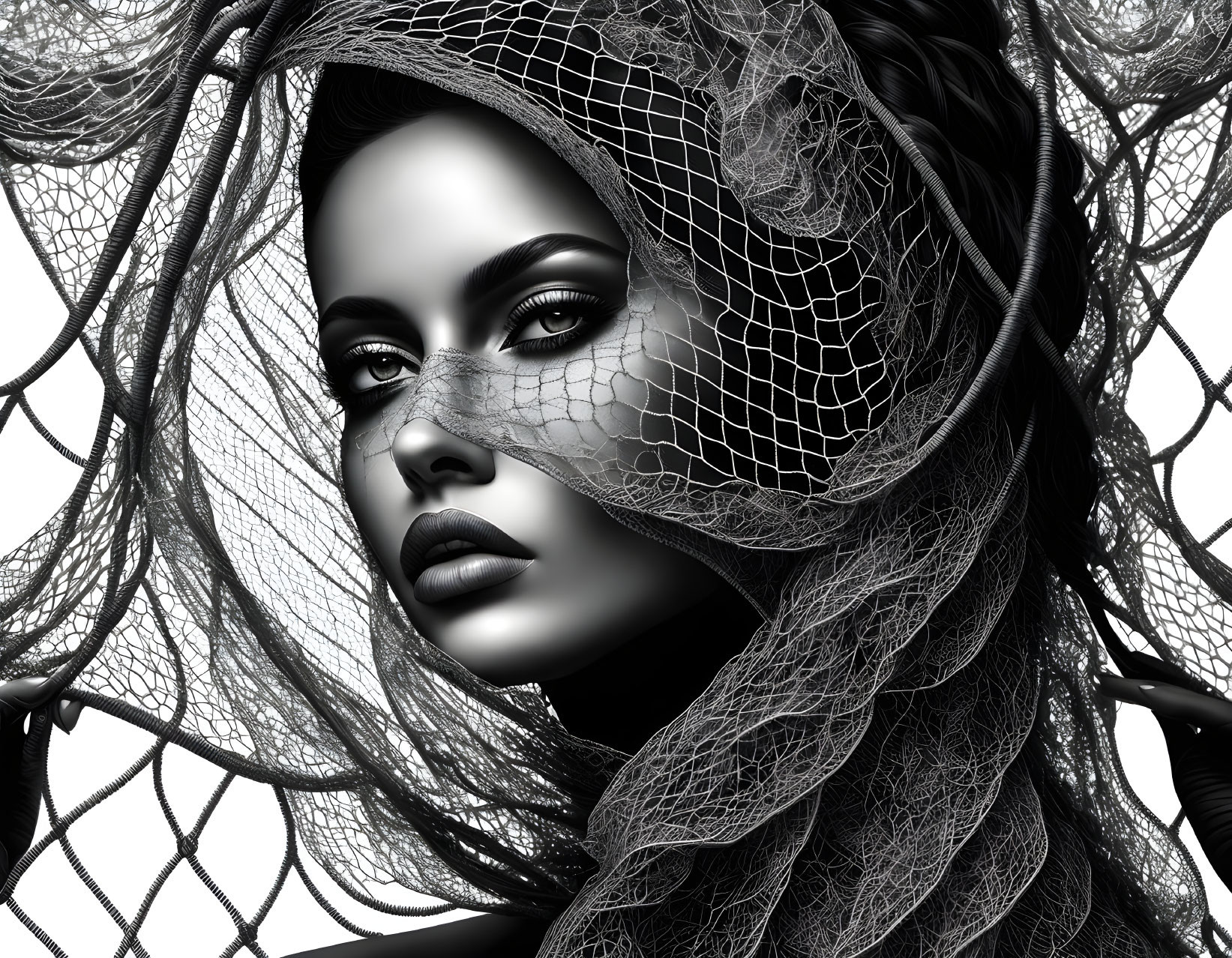 Monochrome digital artwork featuring a woman with captivating eyes and intricate textures.