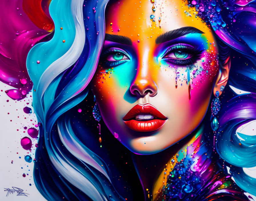 Colorful digital painting of woman with multicolored hair and blue eyes