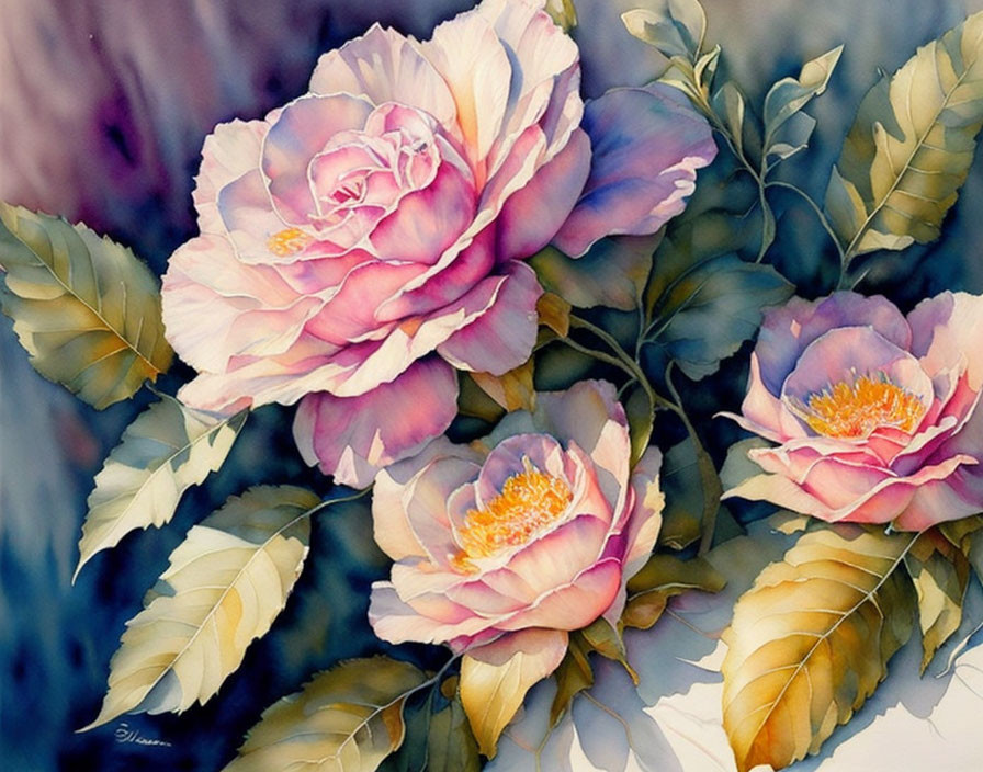 Detailed Watercolor Painting of Blooming Pink Roses