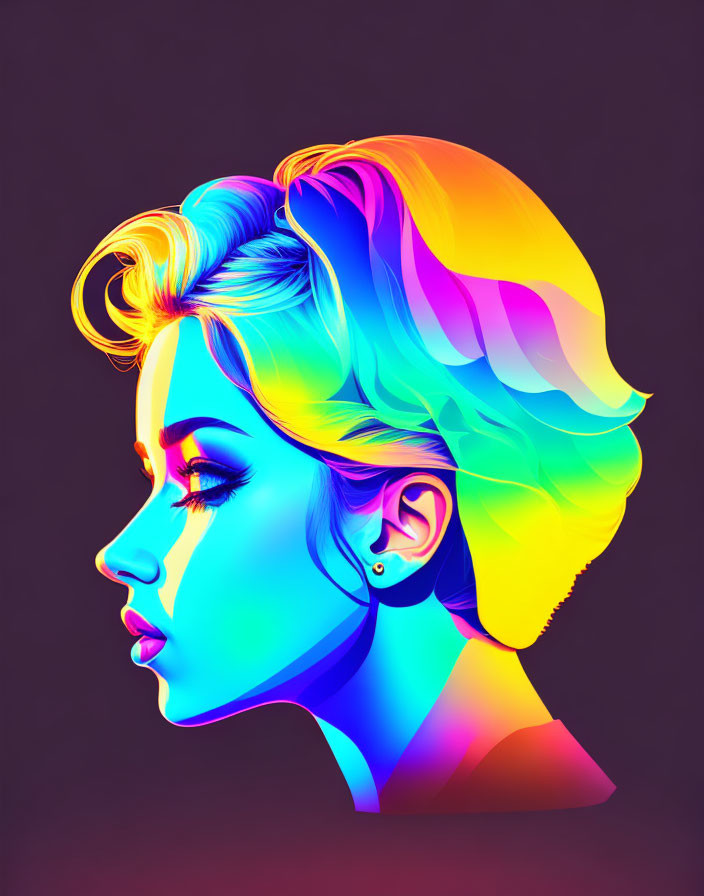 Colorful digital portrait of a woman with rainbow hair on dark backdrop