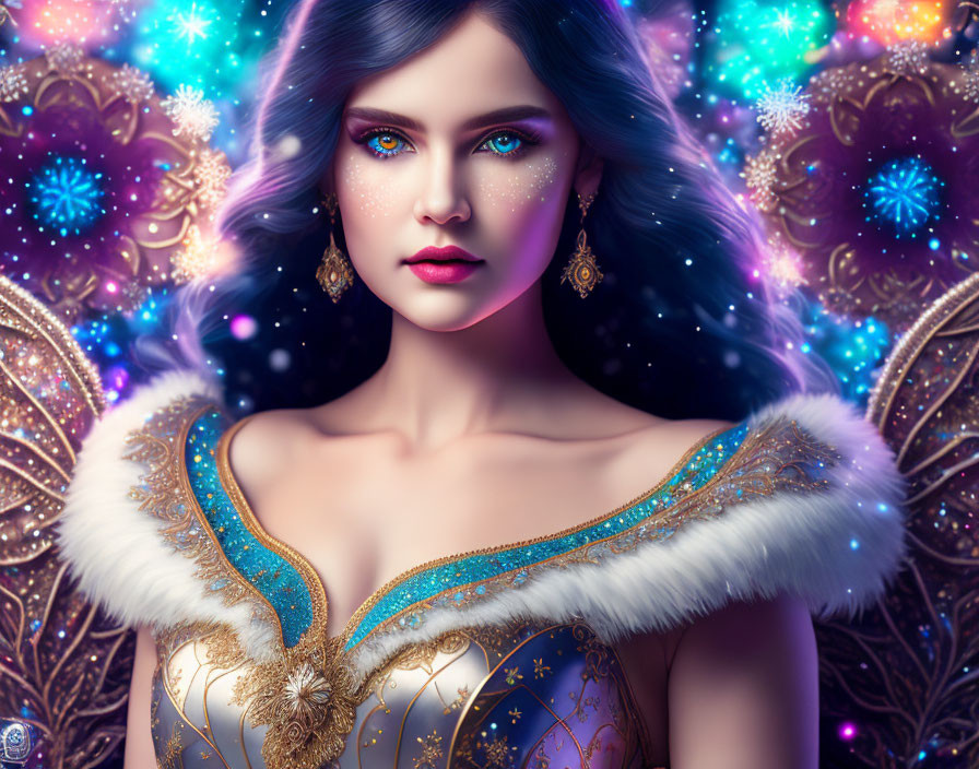 Digital artwork of woman with blue eyes in gold-trimmed attire against mystical starry background.