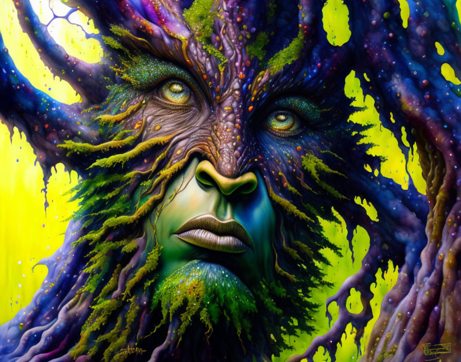 Vivid painting of mystical tree-like entity with human-like face against yellow background