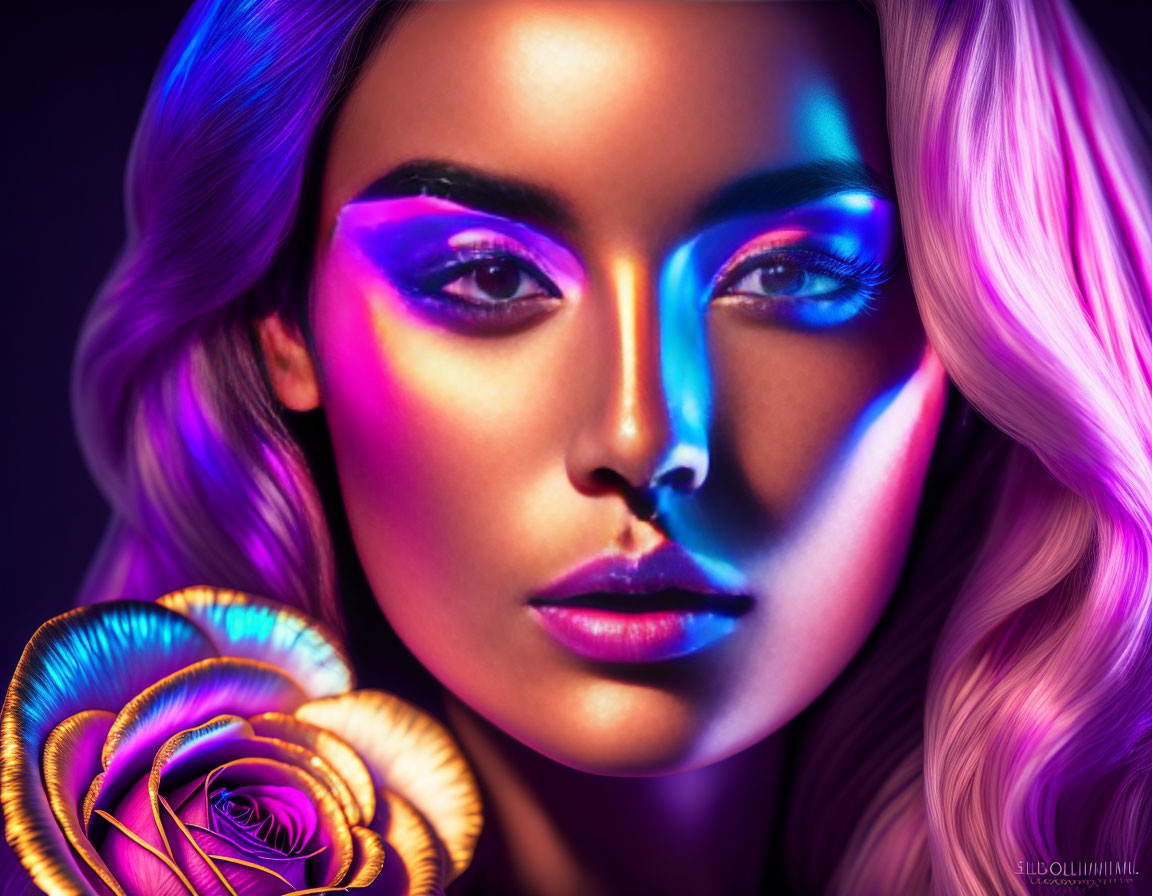 Woman with vibrant purple and blue lighting and colorful rose showcasing artistic makeup and beauty