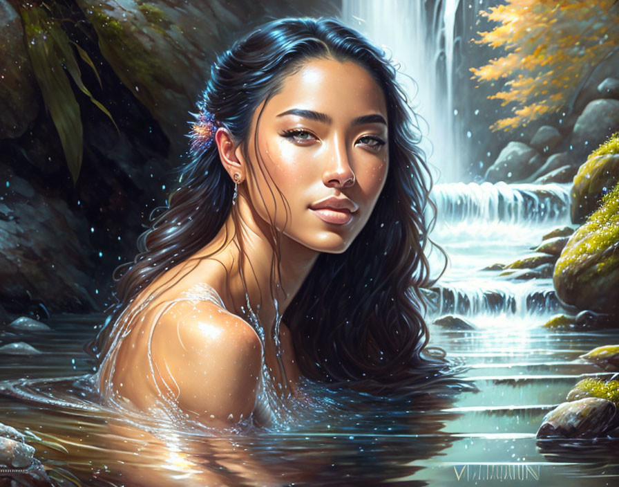 Illustrated portrait of woman with wet hair in tranquil water with waterfall & rocks.