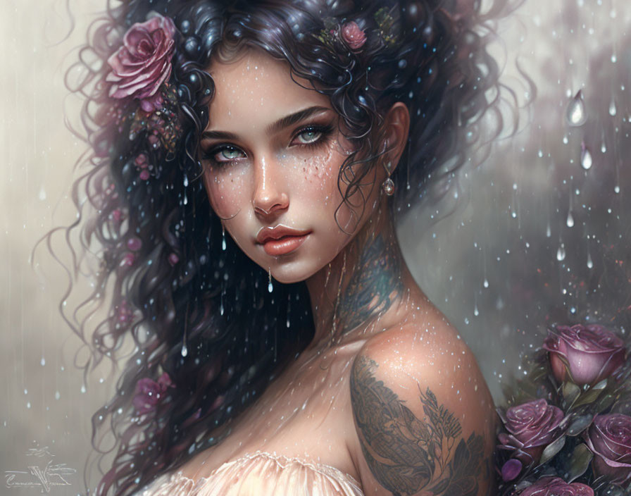 Illustrated woman portrait with dark hair, roses, tattoos, and raindrop backdrop.