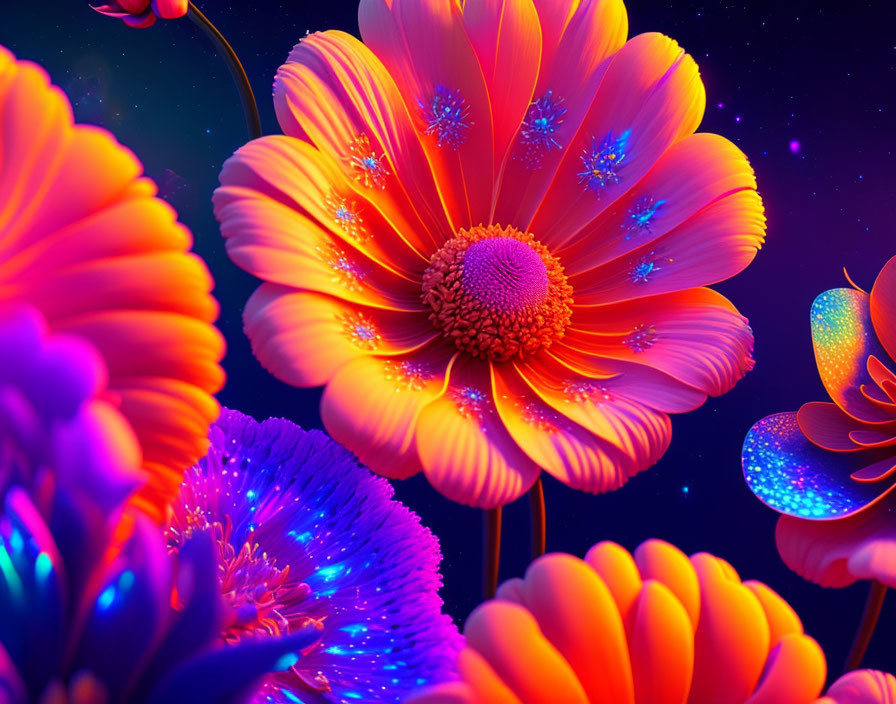 Colorful Flower Digital Art with Glowing Edges on Celestial Background