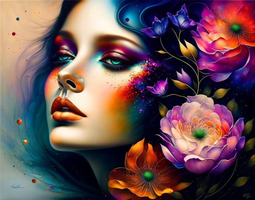 Vibrant woman's profile with flowers and cosmic sparkles on dark background