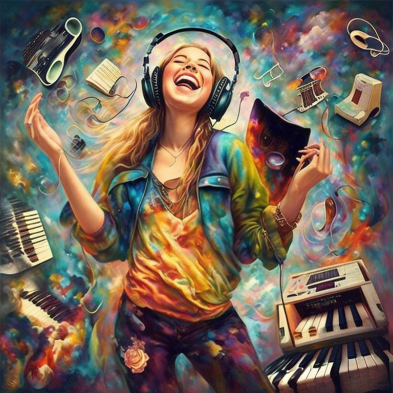 Colorful artwork: Smiling woman with headphones and musical instruments in vibrant scene