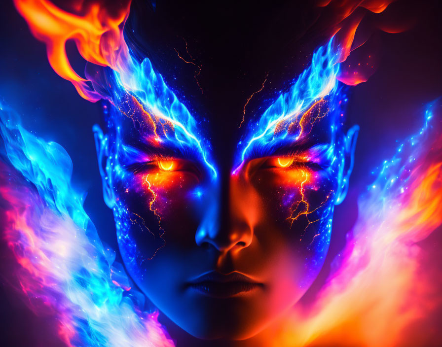 Close-up of face with fiery and electric visual effect: red eyes, flames, blue lightning