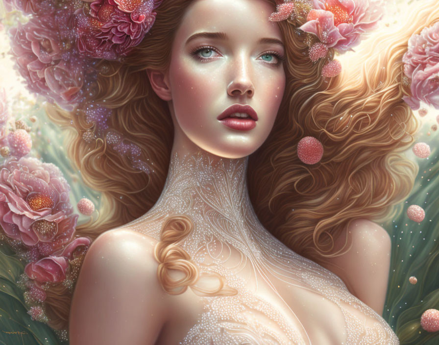 Serene woman with flowing hair and pink flowers in soft, floral setting