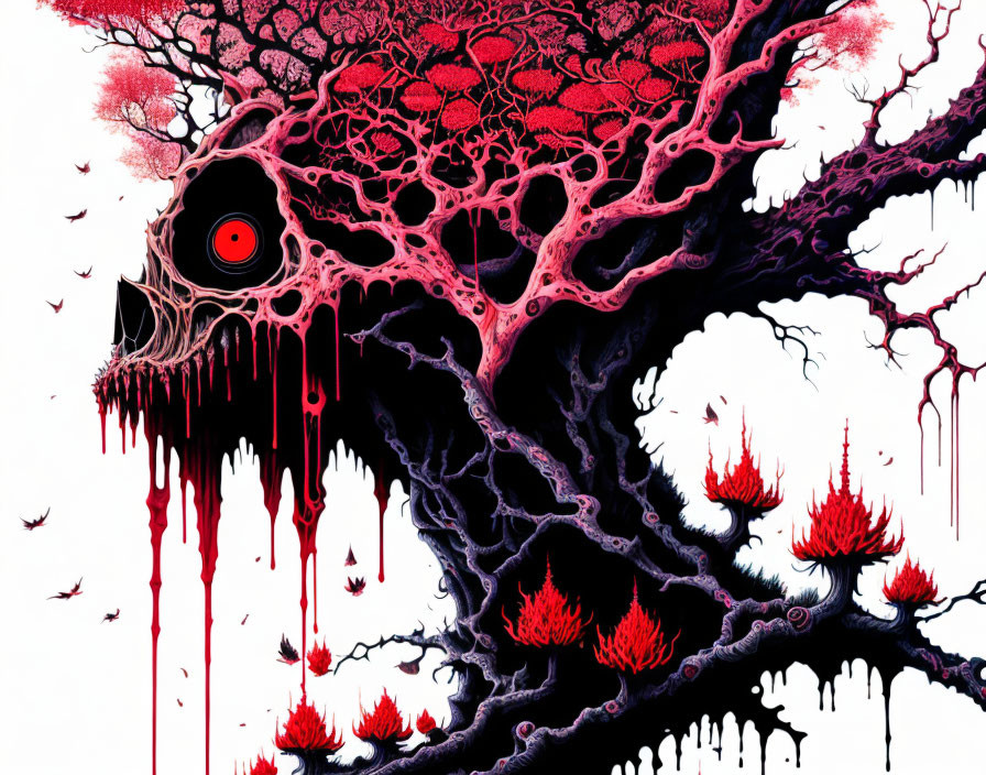 Abstract surreal artwork: Tree with blood-red branches, central eye, fiery elements in black and red.