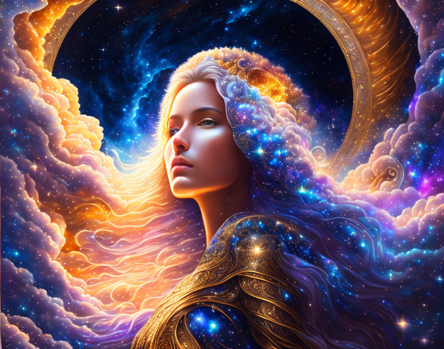 Mystical woman with starry hair in cosmic backdrop of orange clouds and blue space