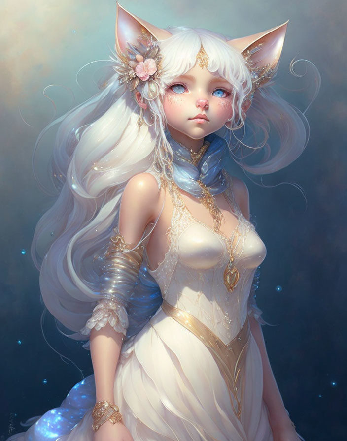 Fantasy character with cat ears, blue eyes, white hair, floral and golden jewelry