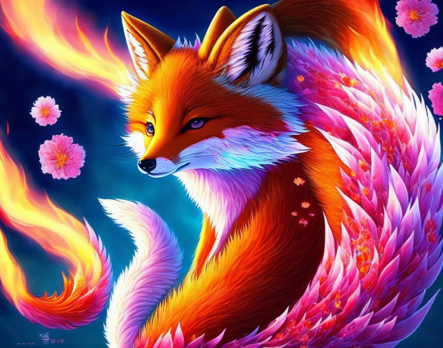 Colorful digital art: stylized fox in fiery tones against cherry blossom backdrop