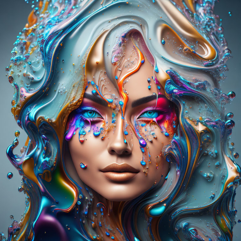 Colorful liquid and bubbles blend with woman's face in surreal portrait