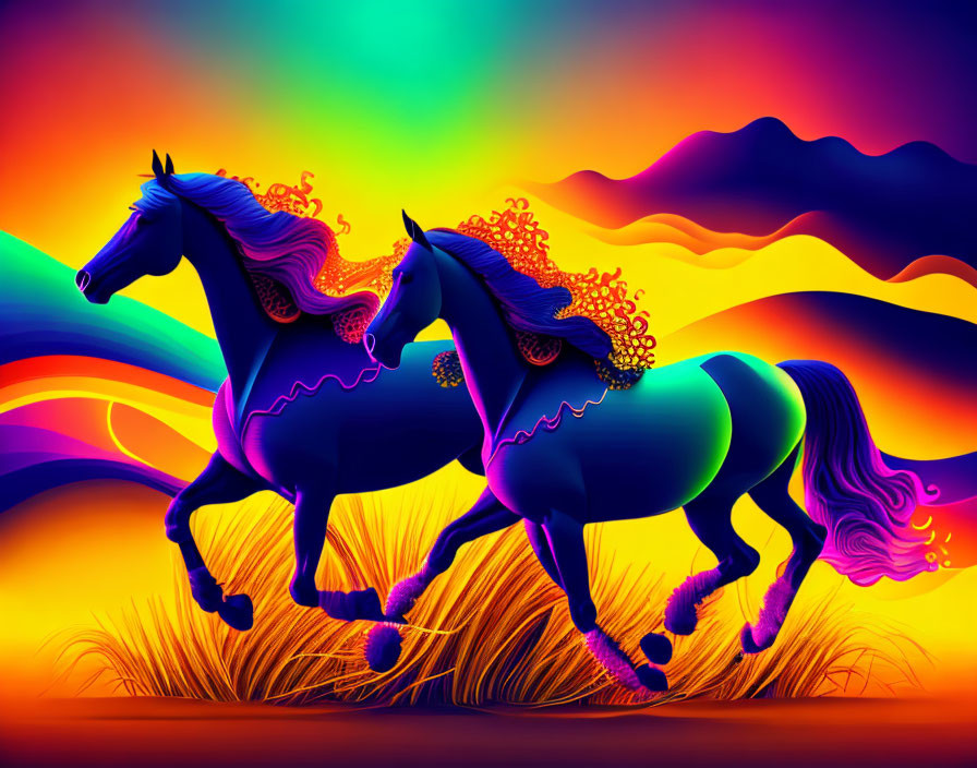 Colorful Abstract Landscape with Stylized Galloping Horses