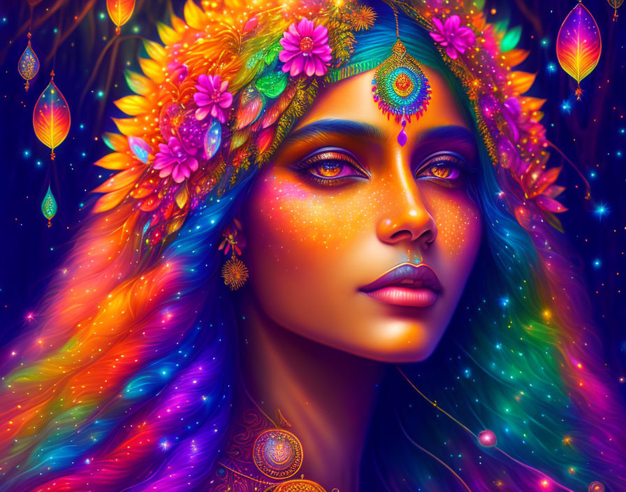 Colorful digital art of woman with floral headpiece in cosmic background