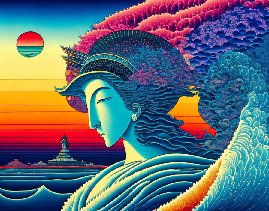 Colorful stylized image of serene female figure against sunset seascape