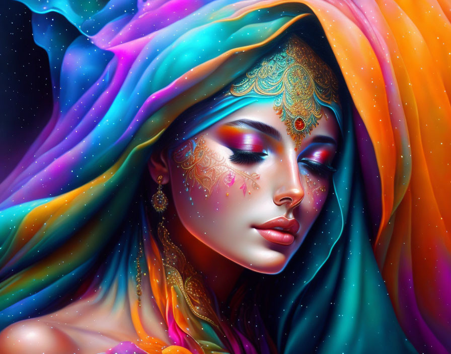 Colorful Digital Artwork: Woman in Flowing Fabrics and Golden Adornments