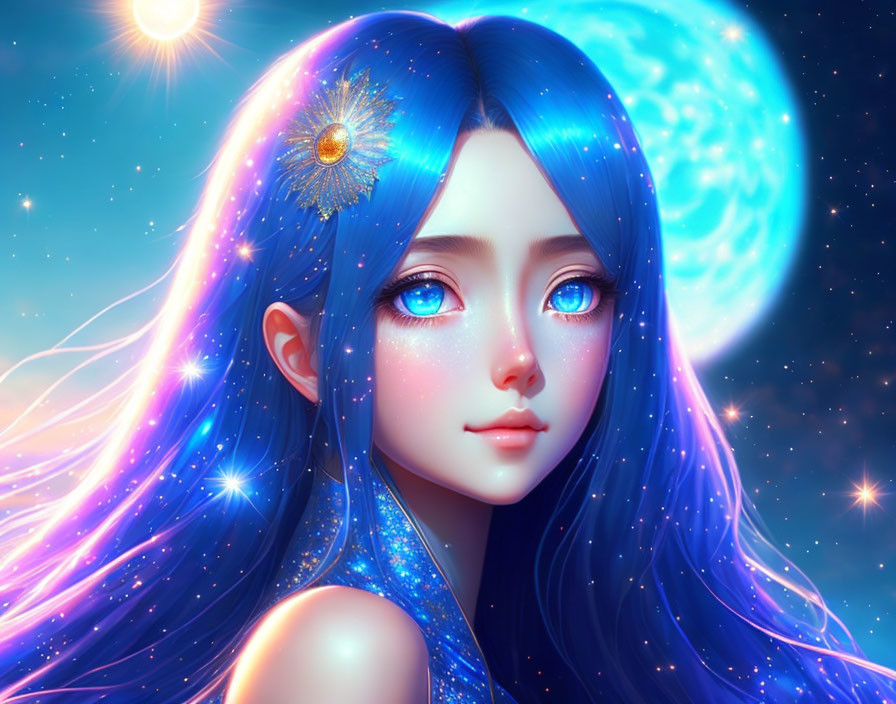 Blue-haired girl with celestial decorations in starry night scene