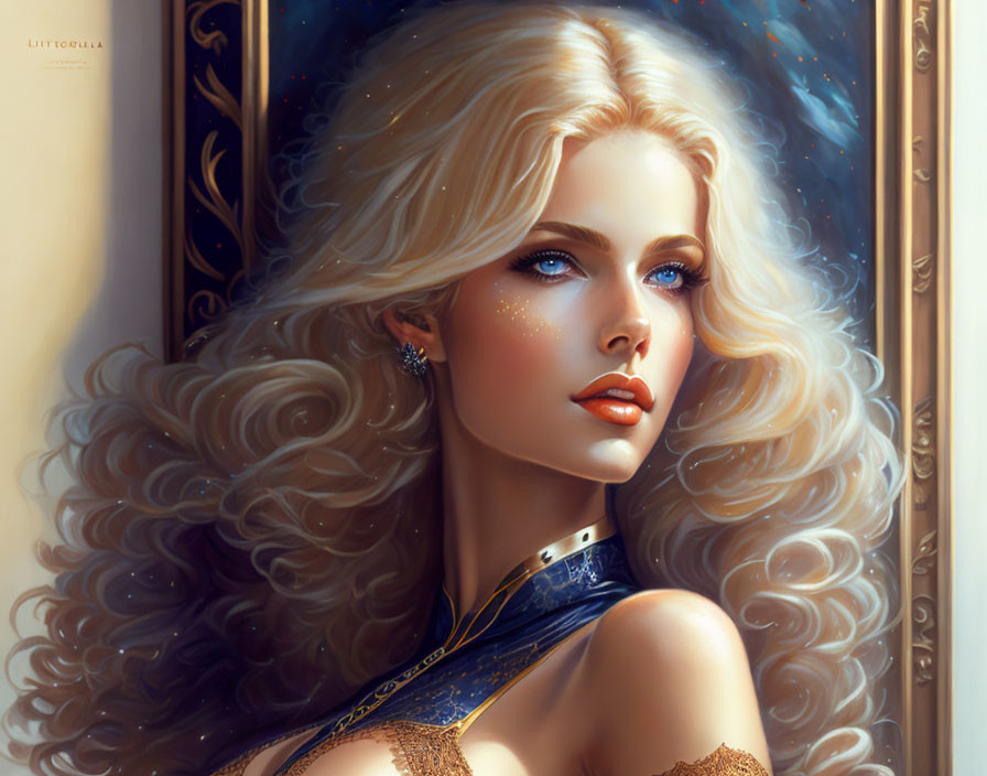 Voluminous wavy blonde hair, blue eyes, starry night-themed dress portrait