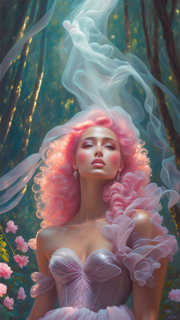 Surreal portrait: Woman with pink hair in forest setting